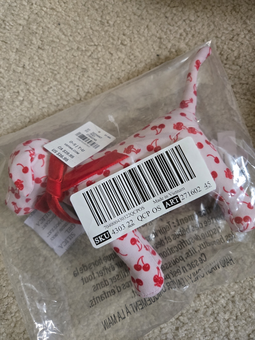 PINK Victoria's Secret White Plush Dog with Red Cherry Print - Picture 2 of 3